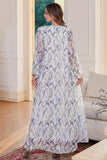Blanc Bleu Imprimé fleuri Col en V Robe Caftan