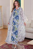 Blanc Bleu Imprimé fleuri Col en V Robe Caftan