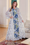 Blanc Bleu Imprimé fleuri Col en V Robe Caftan