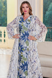 Blanc Bleu Imprimé fleuri Col en V Robe Caftan