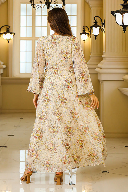 Robe Caftan Col en V Imprimé floral Abricot