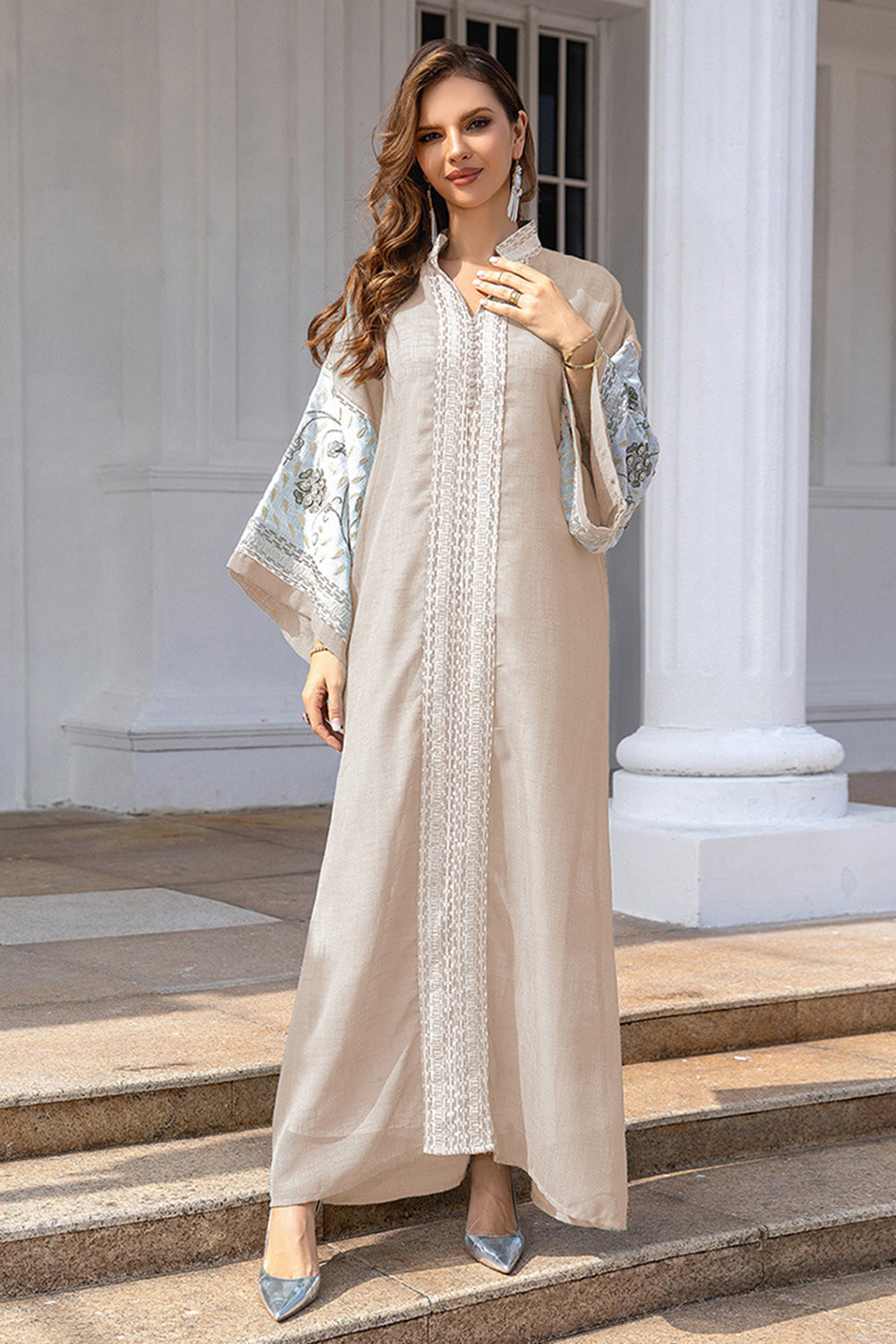 Robe Caftan Broderie kaki Élégant