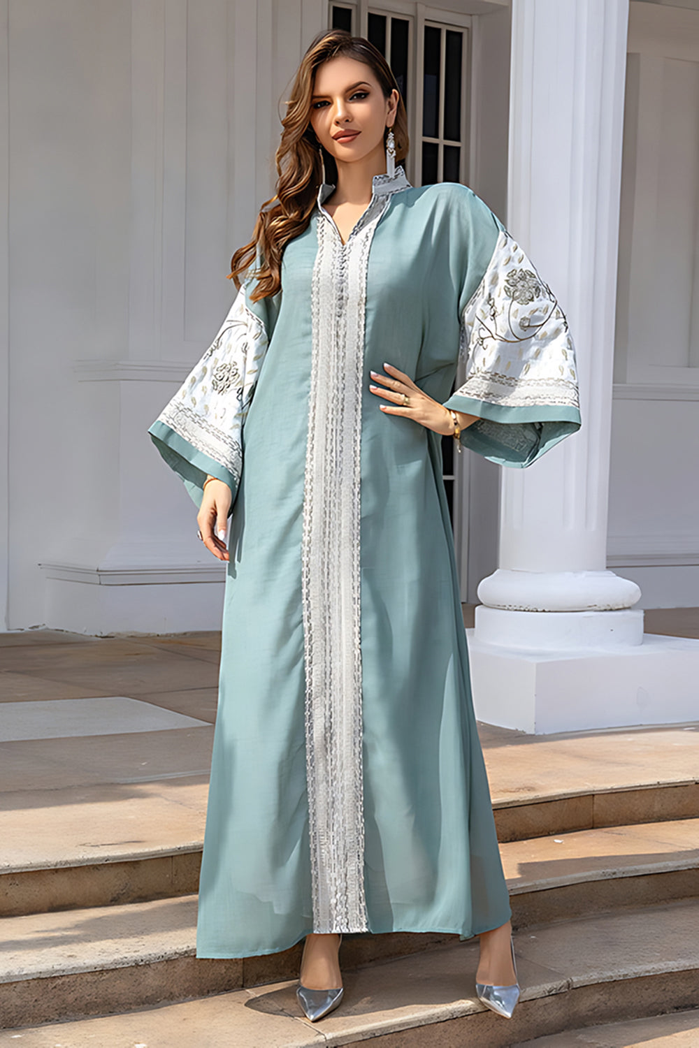Robe Caftan Broderie kaki Élégant