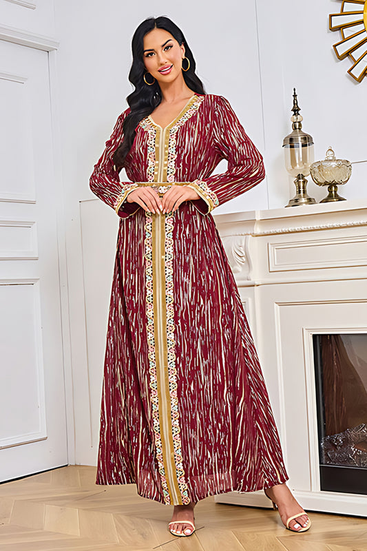 Robe caftan à col en V imprimé bordeaux