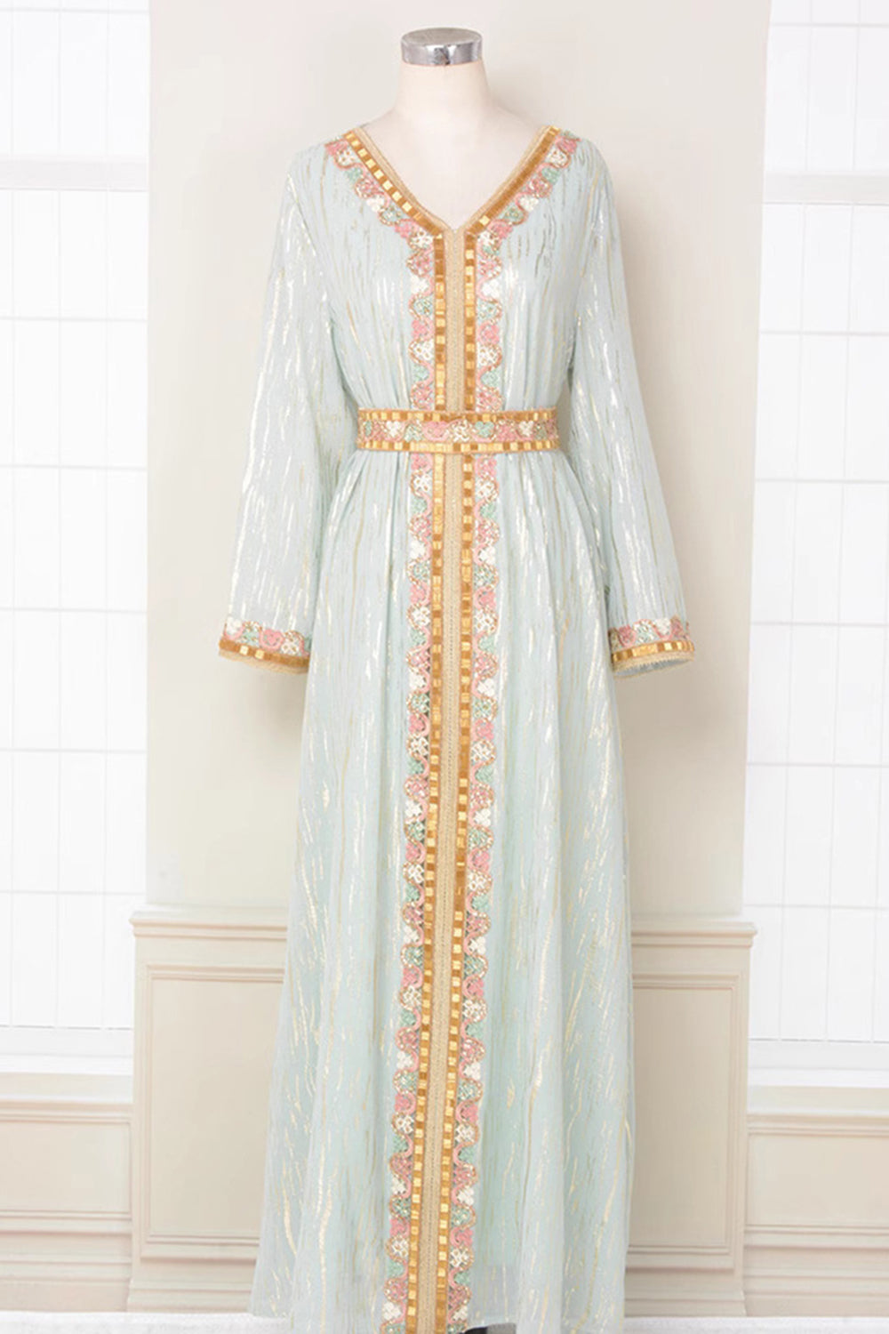 Robe caftan à col en V imprimé bordeaux