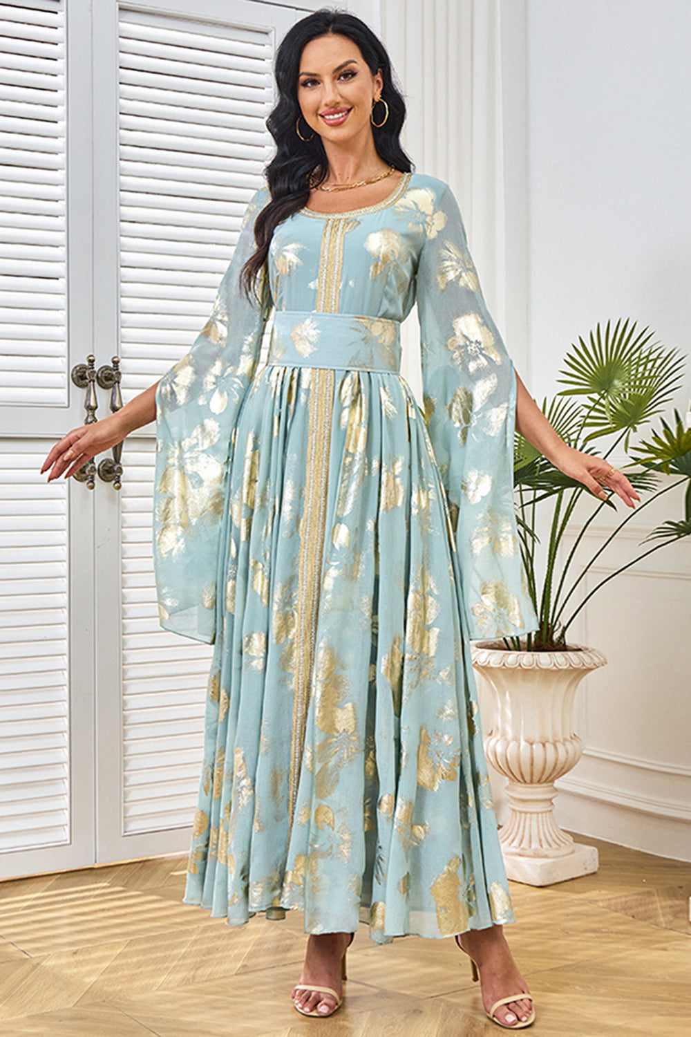 Robe caftan papillon gris vert à col rond