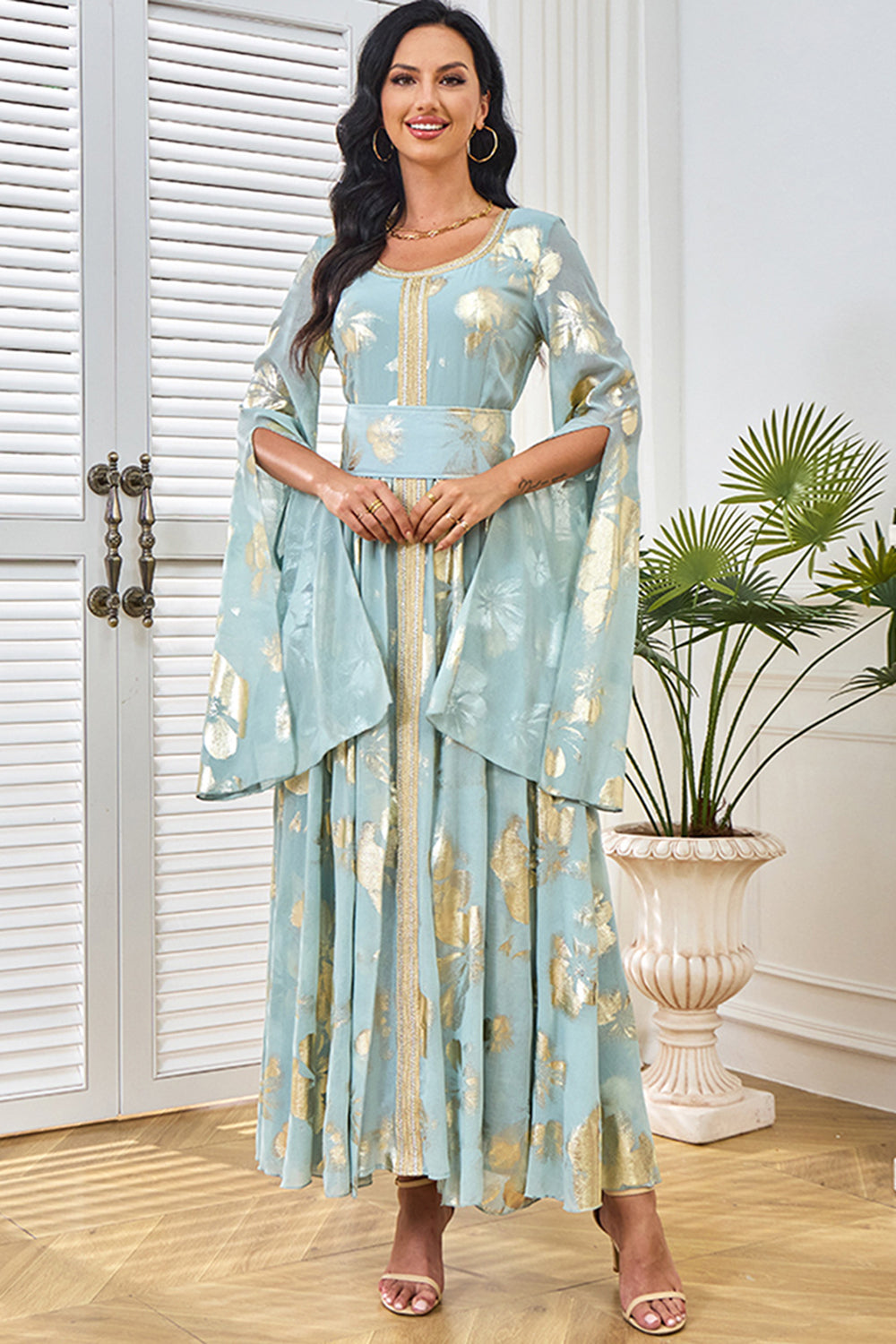 Robe caftan papillon gris vert à col rond