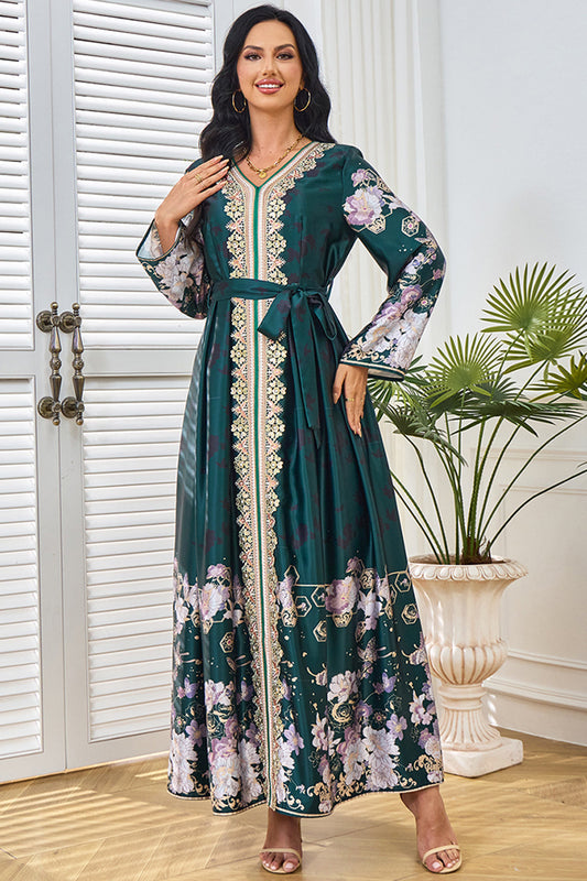 Robe caftan Vert foncé imprimée et brodée à col en V