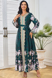 Robe caftan Vert foncé imprimée et brodée à col en V