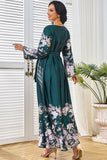 Robe caftan Vert foncé imprimée et brodée à col en V