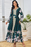 Robe caftan Vert foncé imprimée et brodée à col en V