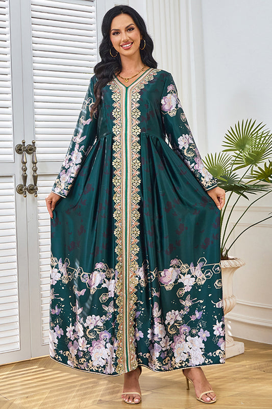 Robe caftan Vert foncé imprimée et brodée à col en V