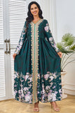Robe caftan Vert foncé imprimée et brodée à col en V