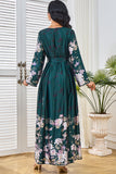 Robe caftan Vert foncé imprimée et brodée à col en V