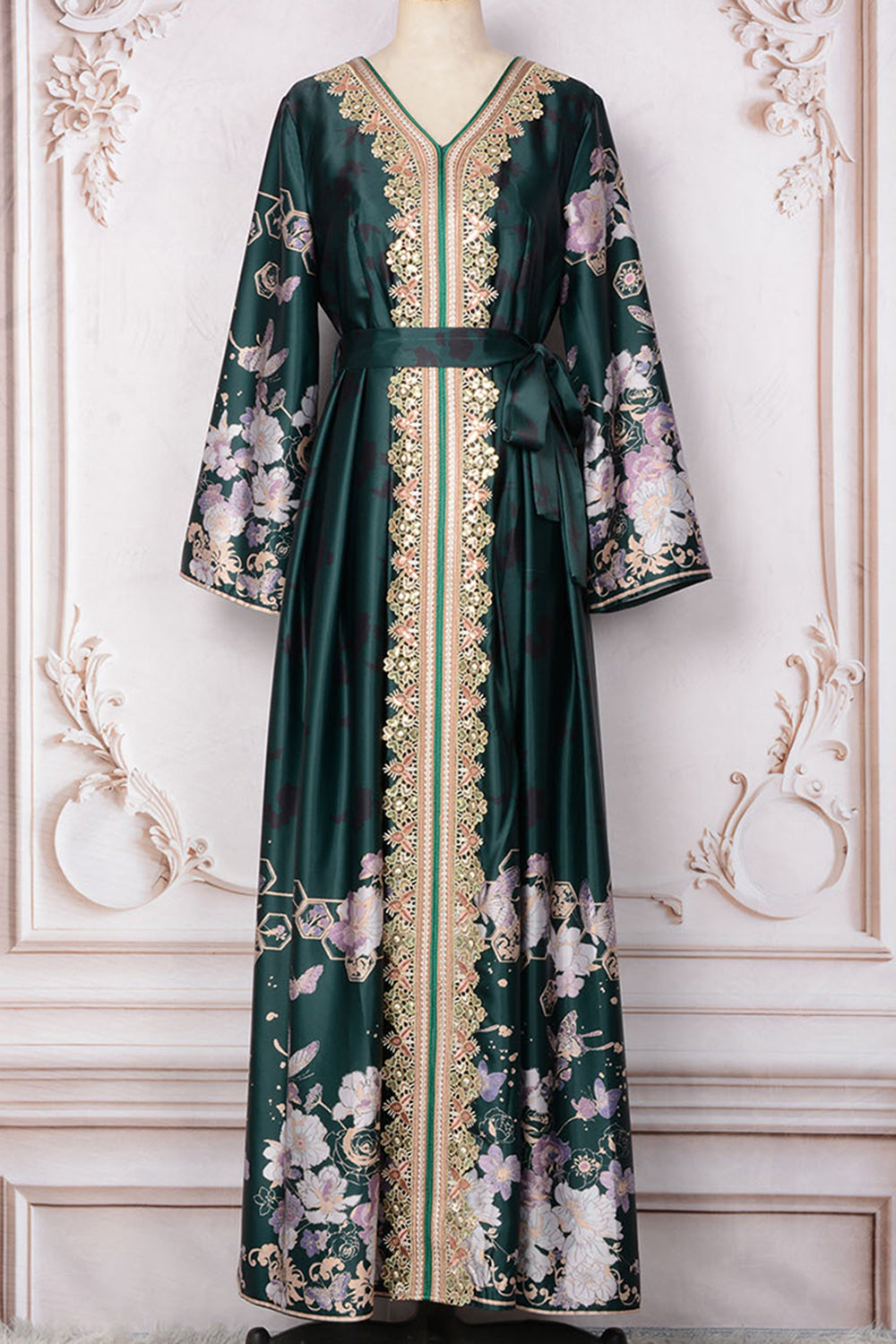 Robe caftan Vert foncé imprimée et brodée à col en V