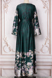 Robe caftan Vert foncé imprimée et brodée à col en V