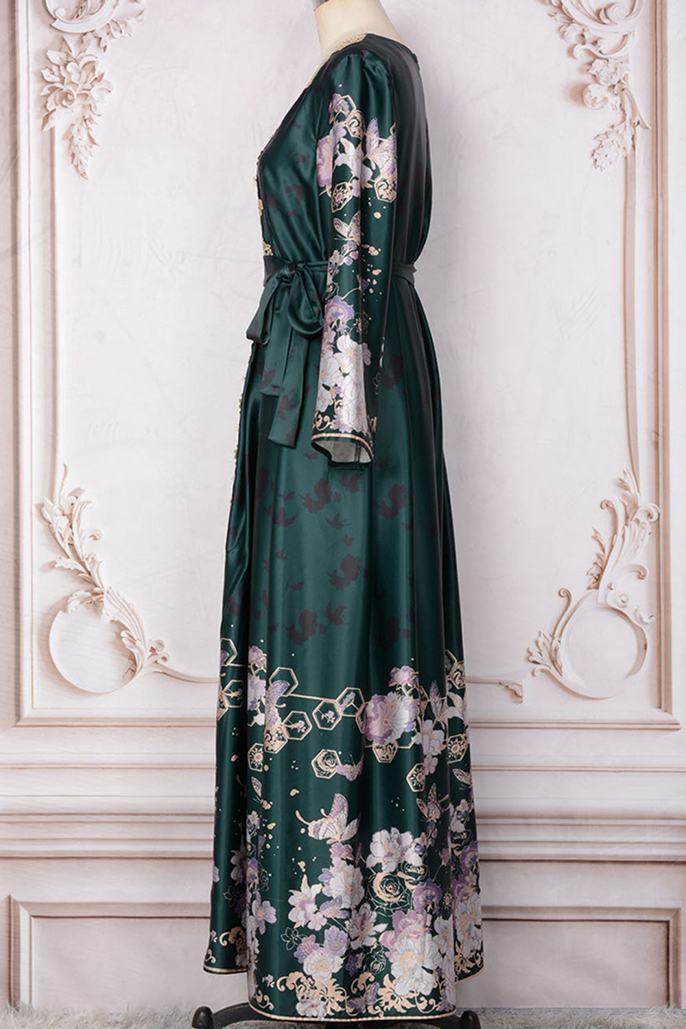 Robe caftan Vert foncé imprimée et brodée à col en V