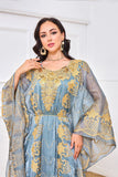 Robe caftan brodée gris-bleu à col rond