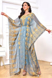 Robe caftan brodée gris-bleu à col rond