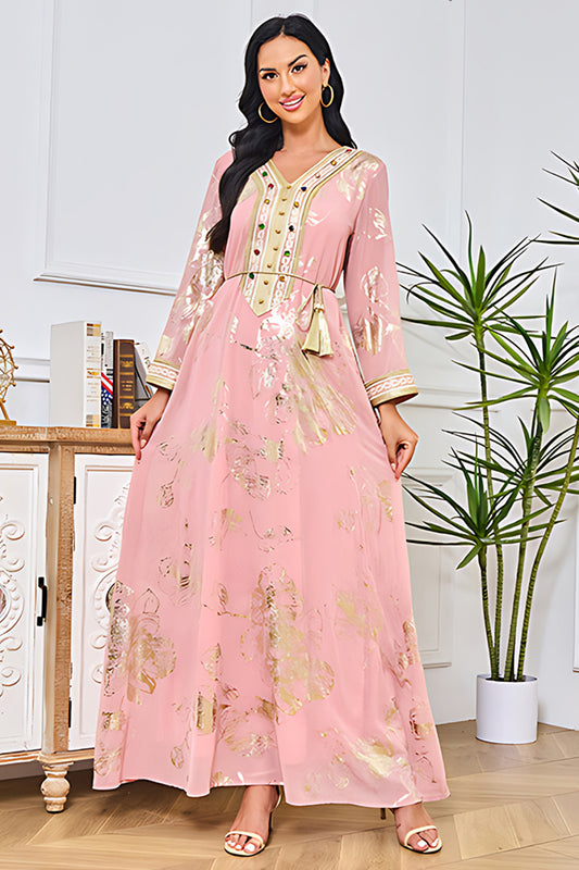 Robe caftan à col en V blush avec appliques