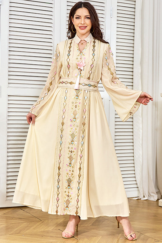 Robe caftan imprimée à col montant abricot
