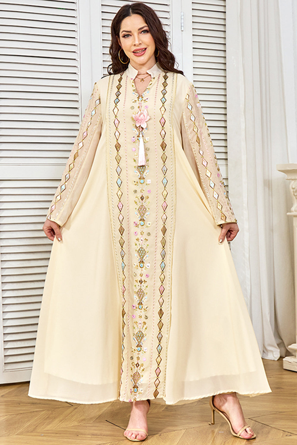 Robe caftan imprimée à col montant abricot