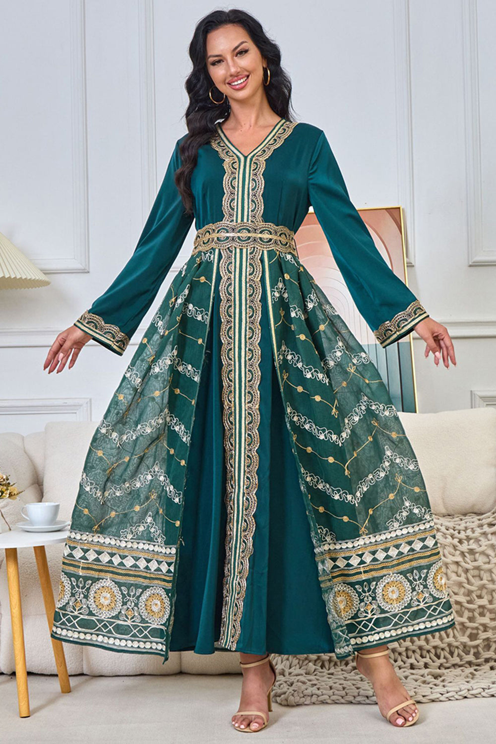 Dressself Femmes Robe caftan à col en V et broderies vert foncé