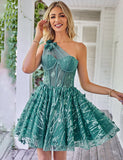 Unique une épaule une ligne corset bleu clair robe de soirée avec perles