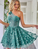 Unique une épaule une ligne corset bleu clair robe de soirée avec perles