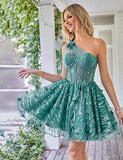 Unique une épaule une ligne corset bleu clair robe de soirée avec perles