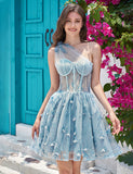 Unique une épaule une ligne corset bleu clair robe de soirée avec perles