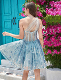 Unique une épaule une ligne corset bleu clair robe de soirée avec perles