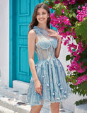 Unique une épaule une ligne corset bleu clair robe de soirée avec perles