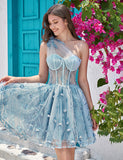 Unique une épaule une ligne corset bleu clair robe de soirée avec perles