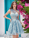 Unique une épaule une ligne corset bleu clair robe de soirée avec perles