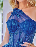 Unique une épaule une ligne corset bleu clair robe de soirée avec perles