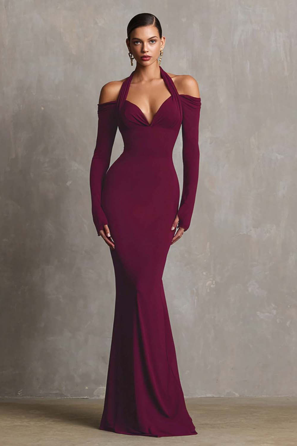 Robe formelle sirène bordeaux dos nu à manches longues