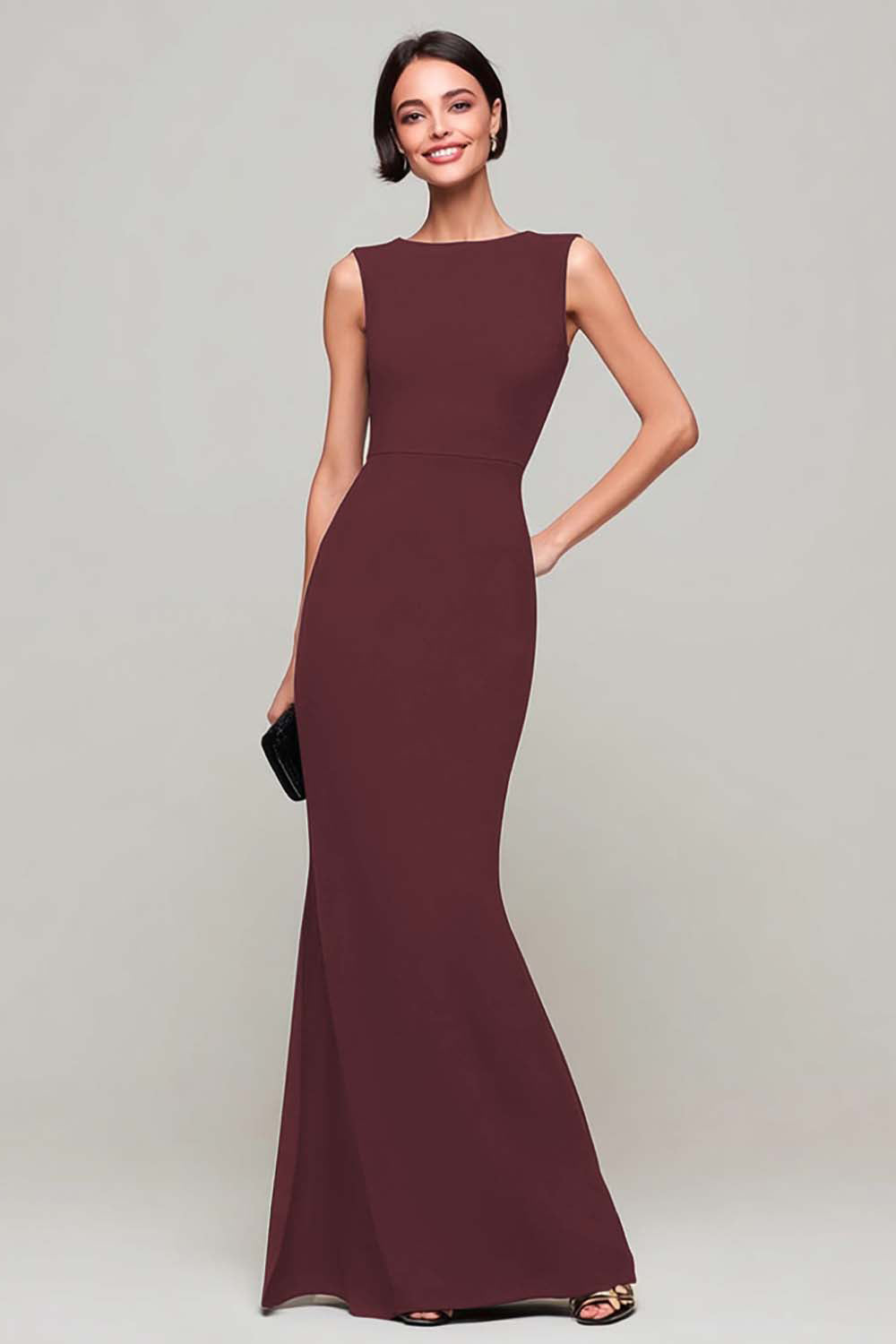 Robe longue formelle noire à col bateau fourreau