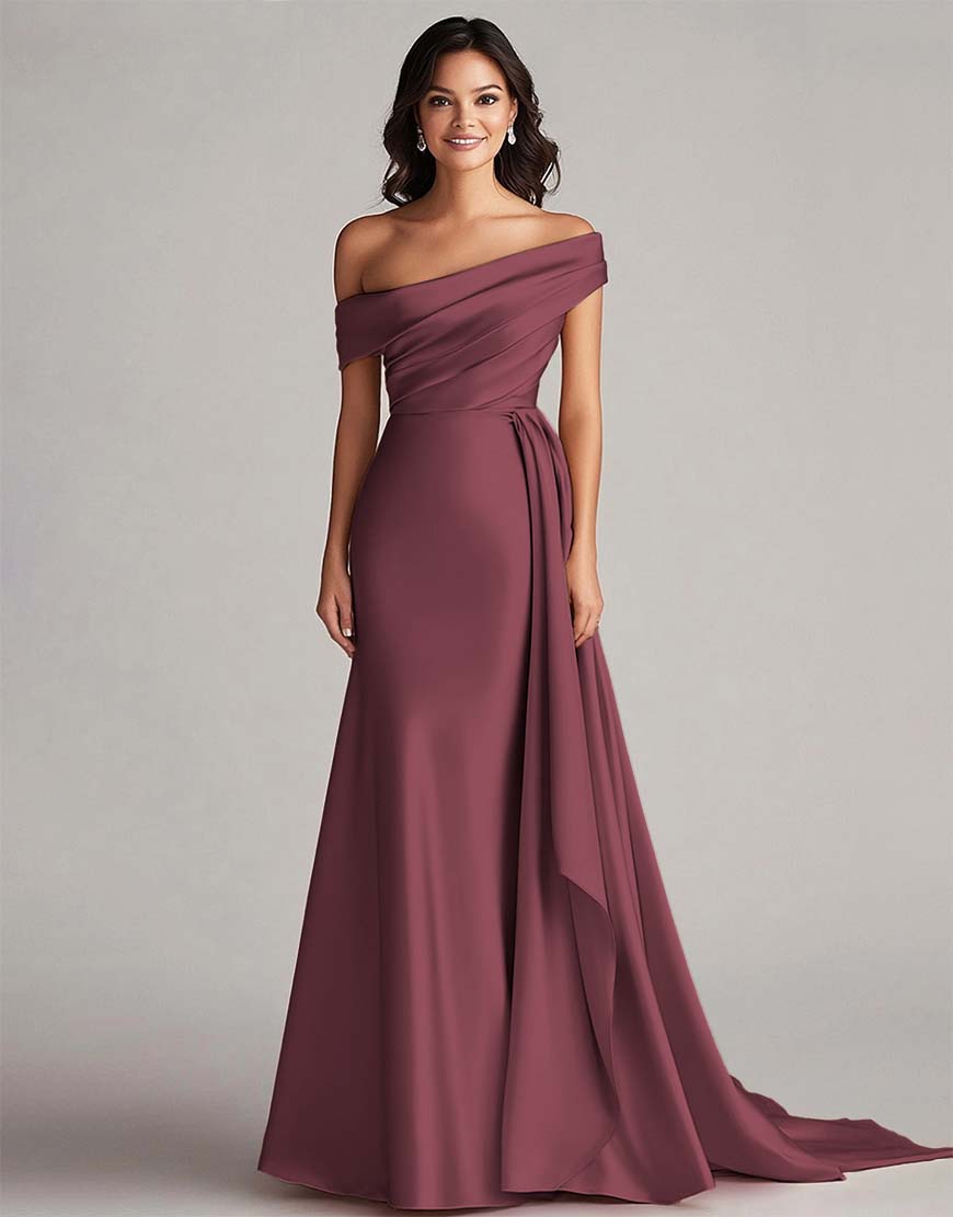 Robe de bal longue plissée à une épaule, en style sirène améthyste avec train chapelle