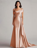 Robe de bal longue plissée à une épaule, en style sirène améthyste avec train chapelle