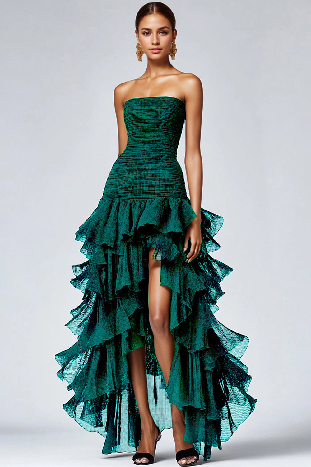 Robe formelle à volants en tulle sans bretelles noir