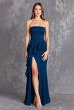 Robe longue formelle à volants sans bretelles noire avec fente