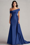 Robe formelle en satin champagne à une épaule avec ceinture