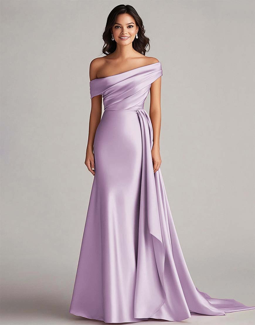 Robe de promenade longue, plissée, à une épaule, en style sirène de bleu marine foncé avec train chapelle élégant