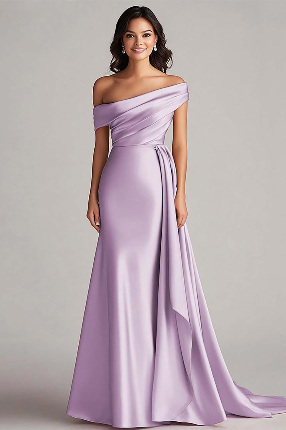 Robe formelle en satin champagne à une épaule avec ceinture