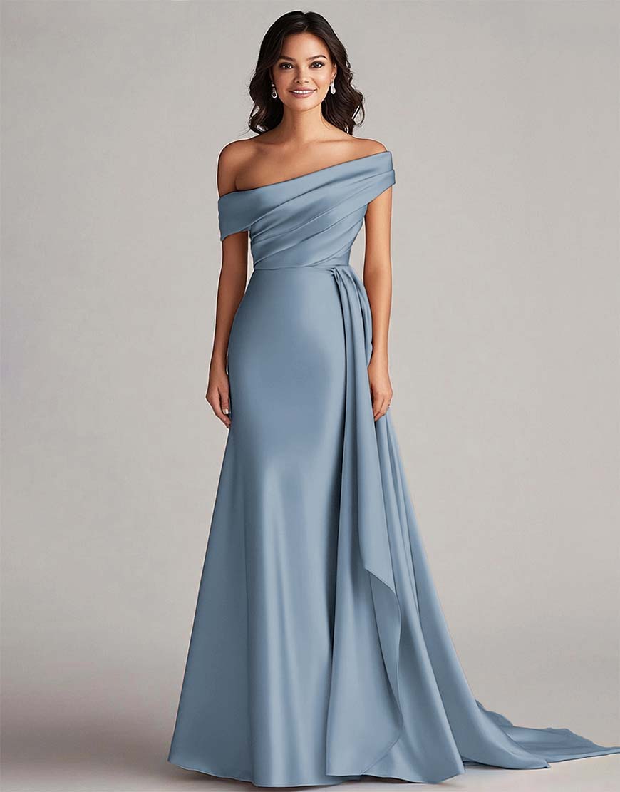 Robe de promenade longue, plissée, à une épaule, en style sirène de bleu marine foncé avec train chapelle élégant