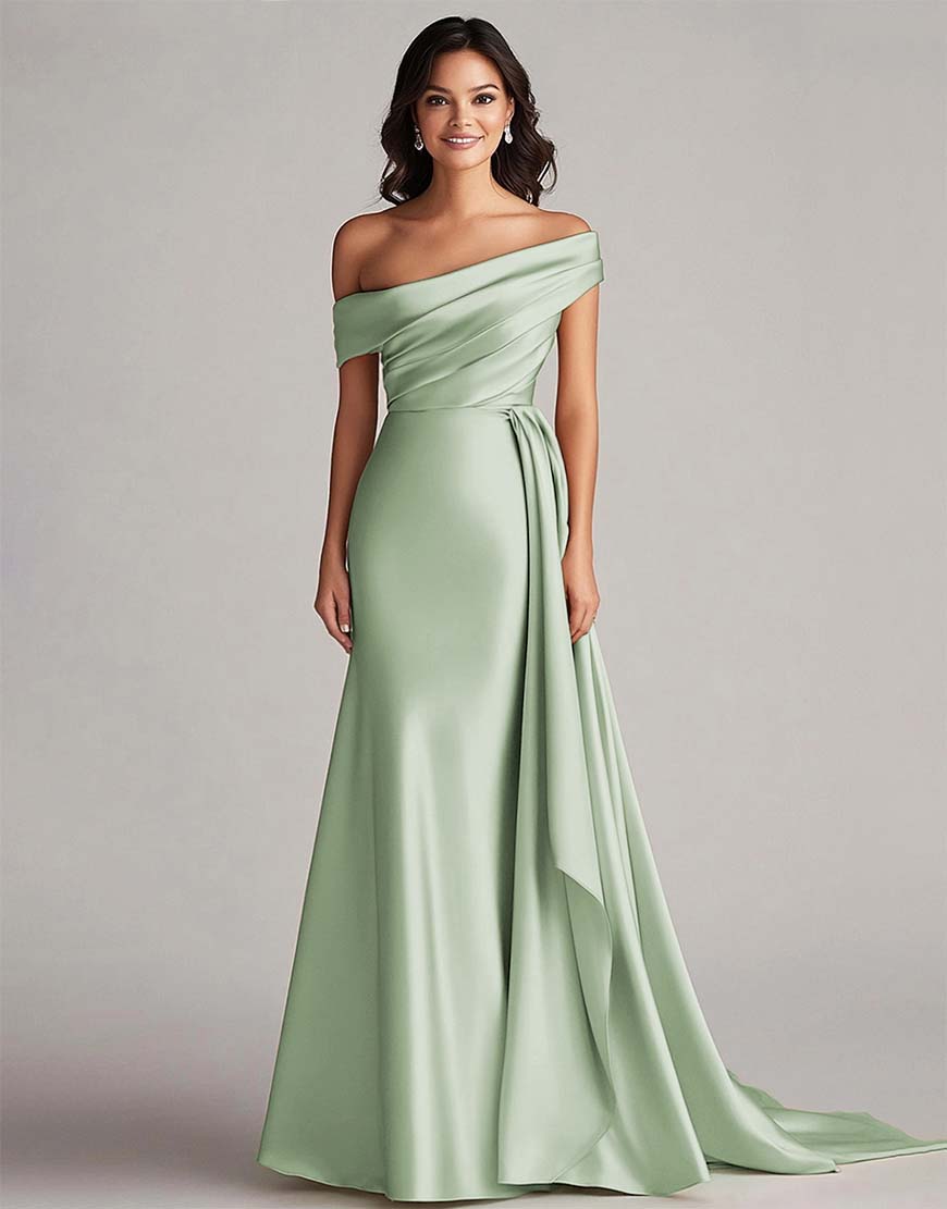 Robe de promenade longue, plissée, à une épaule, en style sirène de bleu marine foncé avec train chapelle élégant