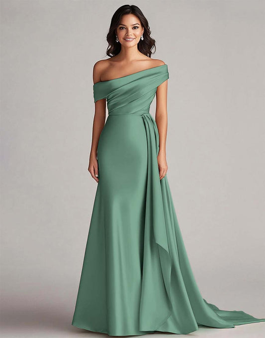 Robe de bal sirène - une épaule, longue plissée eucalyptus, train chapelle