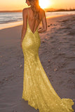 Robe longue formelle sirène dos nu argentée scintillante
