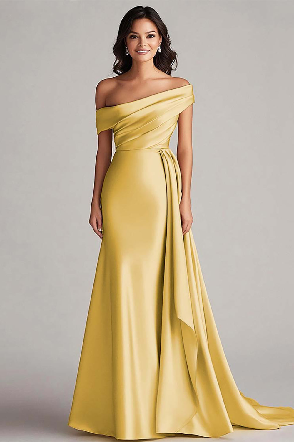 Robe formelle en satin champagne à une épaule avec ceinture